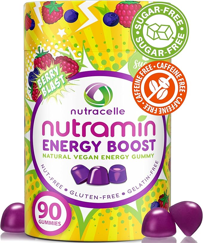 NUTRAMIN Energy Boost Vitamin Gummy - Skip The Coffee &amp Boost Your Energy Caffeine-Free Sugar-Free Vegan B12 Green Tea Ashwagandha Garcinia Cambogia Raspberry Adaptogen - 90 ct