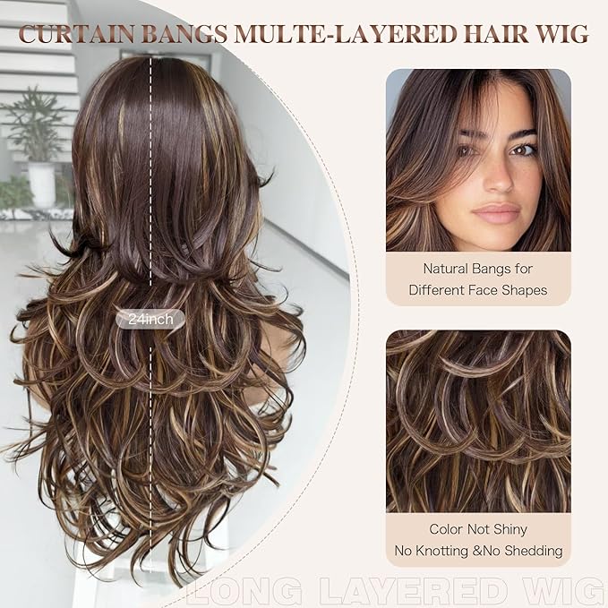 Highlight Dark Brown Mix Honey Blonde Long Layered Wavy Wigs with Bangs for Black White Women Synthetic Highlight Brown Layered with Curtain Bangs Wig Body Wave Shaggy Hair for Daily Use 24Inch