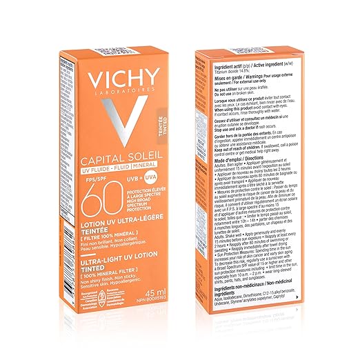 Vichy Capital Soleil Tinted Mineral Sunscreen for Face SPF 60 Titanium Dioxide Face Sunscreen Travel Size Sunscreen Water Resistant Light weight Sun Protection Creams Gels &amp Lotions