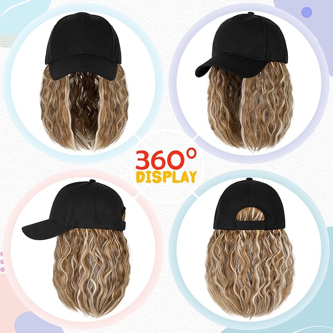 Baseball Hat WigHat with Hair attached 16'' Adjustable Black Cap with Wavy Curly Synthetic Bob Hair Extensions for Women Girls(Ginger Blonde Mix Bleach Blonde)