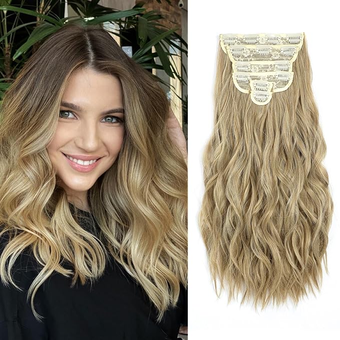 Clip in Hair Extensions 6 PCS Natural &amp Soft Hair &amp Blends Well Hair Extensions Long Wavy Hairpieces(16inch 6pcsMixed Dirty Blonde)