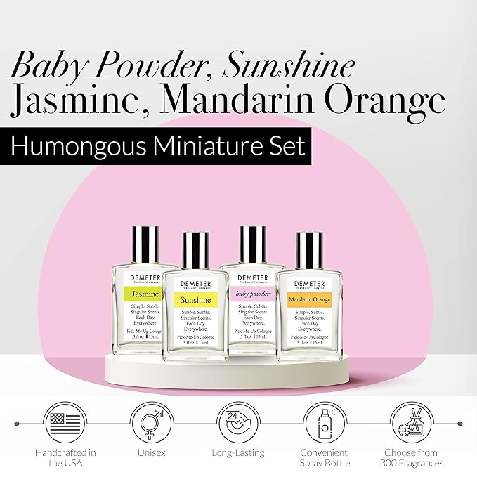 DEMETER Fragrance's Signature Humongous Miniature Set of 4 - Baby Powder - Sunshine - Jasmine - Mandarin Orange - Perfume Sampler Set for Women