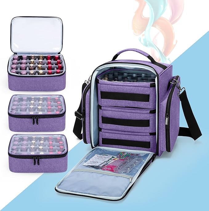 BAFASO Nail Polish Organizer Holds 72 Bottles (15ml - 0.5 fl.oz) Large Nail Polish Case with 3 Removable Pouches and Multiple Storage Sections (Patented Design) Purple