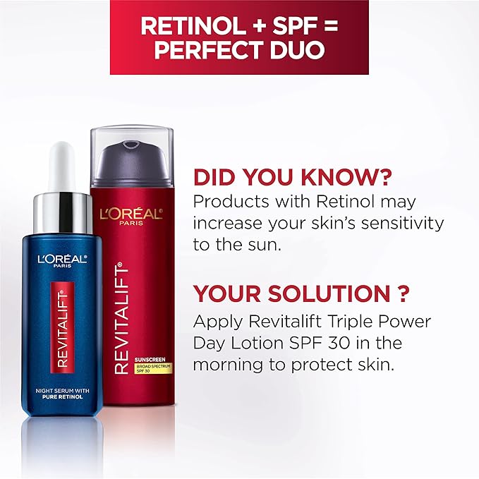 L'Oreal Paris Revitalift 0.3% Pure Retinol Night Serum Reduce Deep Wrinkles Fragrance Free 1 oz + Moisturizer Sample