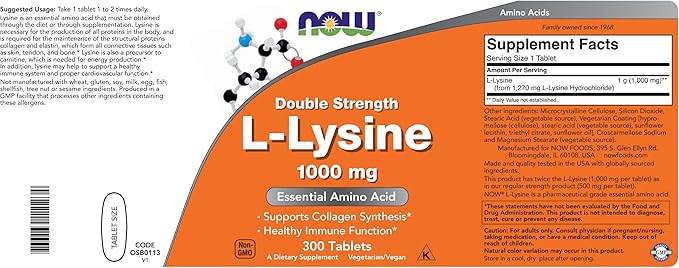 Now Foods L-Lysine 1000mg - Double Strength - 300 Tablets - Non-GMO Amino Acid Supplement (Llysine Hydrochloride)- 1000 mg Tabs - Vegan/Vegetarian