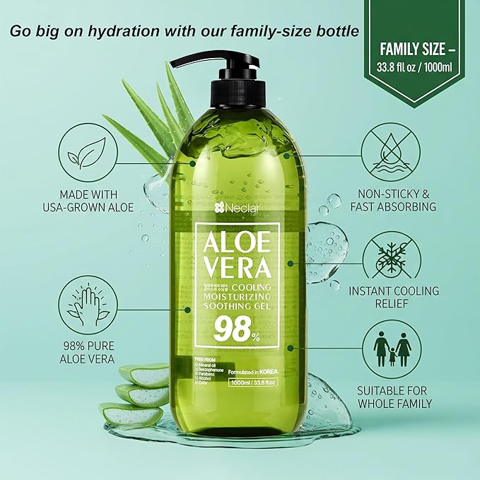 Aloe Vera Gel - for Sunburn Relief - Big 33.8oz / 1000ml - 98% Pure Aloe Vera - For Face Skin and Hair - After Sun Care lotion - Sun Burn Moisturizer Cream (33.8 Fl oz)