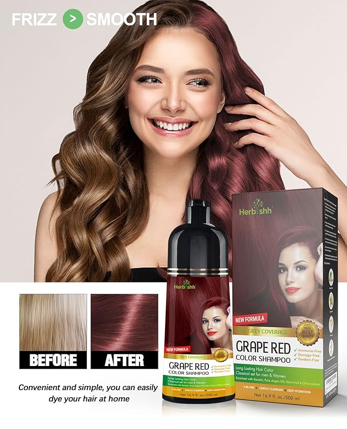 Herbishh Hair Color Shampoo (Grape Red) - Magic Hair Dye for Gray Hair - Ammonia-Free 3-in-1 Shampoo Conditioner - Lasts 2-3 Weeks 500 ml