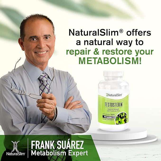 NaturalSlim Natural Testosterone Booster for Men - Male Enhancing Supplement with Ginkgo Biloba L Arginine Zinc Vitamin B3 &amp Testofen for Energy Muscle Builder &amp Metabolism - 180 Capsules