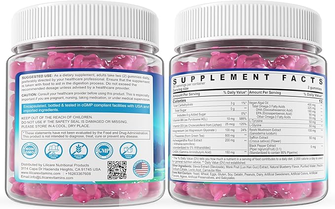 L Theanine Calm Gummies 500mg Sugar-Free Liposomal L-Theanine Supplement w/Safforn Magnesium Glycinate GABA Ashwagandha Algae Omega-3 Vitamin D3 B12 for Brain Calm Relax Mood Zzz 120Cts