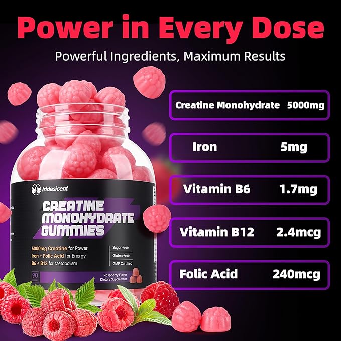 Creatine Monohydrate Gummies 5000mg w/Iron Vitamin B6 &amp B12 Sugar Free 5g Creatine Supplements for Women - 90 Raspberry Gummies