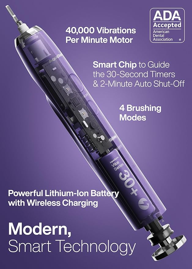 Aquasonic Vibe Series Ultra-Whitening Toothbrush ? ADA Accepted Electric Toothbrush - 8 Brush Heads &amp Travel Case ? 40000 VPM Motor &amp Wireless Charging - 4 Modes w Smart Timer ? Satin Violet