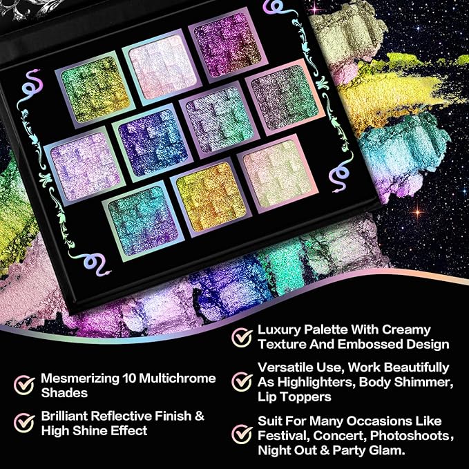 UCANBE Chameleon Multichrome Eyeshadow Palette 10 Colors Shifting Chromatic Light-Reflecting Metallic Eye Shadow Multi-Use Blendable Holographic Glitter Shimmer Eye Makeup Pallet (Solar Python)