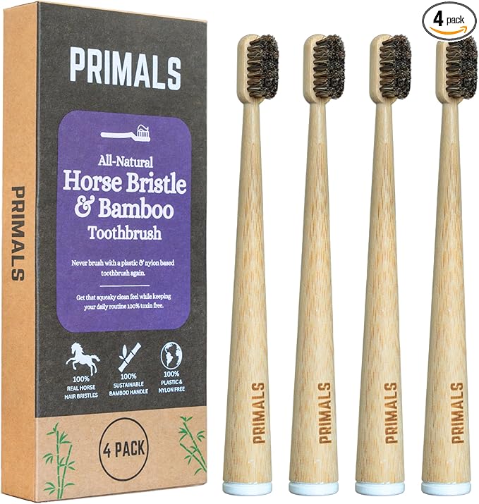 PRIMALS Horse Bristle &amp Bamboo Toothbrush (4-Pack) - Luxurious &amp Soft Horse Bristles - Fully Biodegradable - Plastic &amp Nylon Free - Quick Dry Design