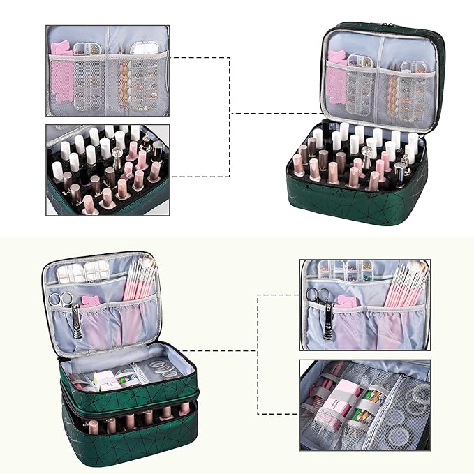 Double-Layers Nail Polish Organizers and Storage Geometric PU Leather Carrying Case for Fingernail polish Nail Varnish and Manicure Sets - Holds up to 30 Bottlesï¼?5ml）with Detachable Divider