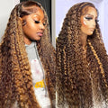 30 inch Highlight Deep Wave Wig Human Hair 13x4 Honey Blonde Wig Human Hair 4/27 Curly Highlighted Human Hair Wig Glueless Pre Plucked Honey Brown Deep Wave Wig 180% Density