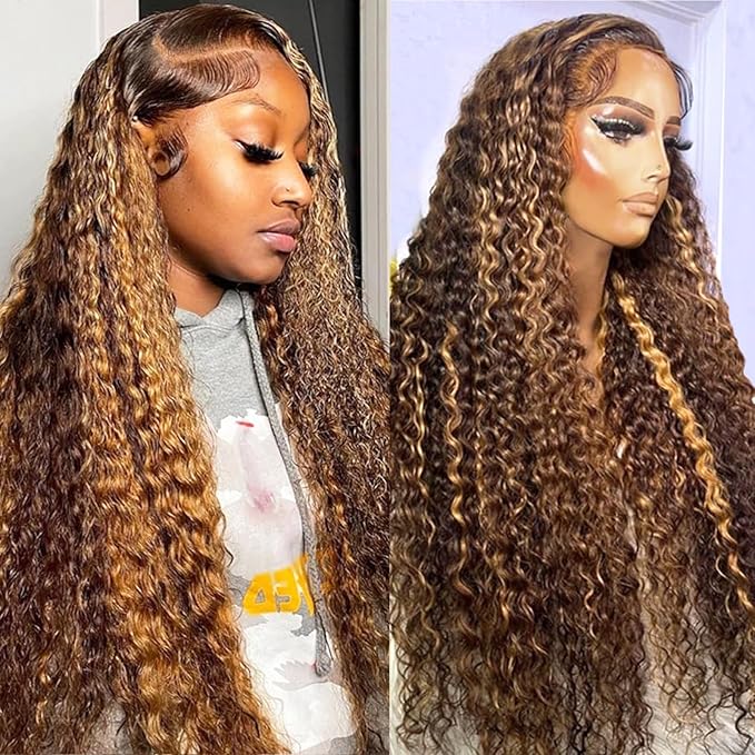 30 inch Highlight Deep Wave Wig Human Hair 13x4 Honey Blonde Wig Human Hair 4/27 Curly Highlighted Human Hair Wig Glueless Pre Plucked Honey Brown Deep Wave Wig 180% Density