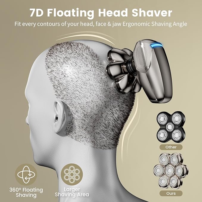 7D Head Shavers for Bald Men SHPAVVER Detachable Head Shaver LED Display Dry Wet Bald Head Razor IPX7 Waterproof Head Shavers with Type-C Charge