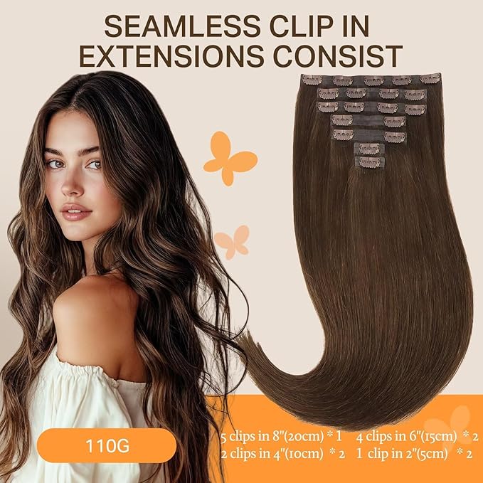 DOORES Seamless Clip-in Hair Extensions Chocolate Brown 24 Inch 120g 7pcs Remy Human Hair Natural Straight Invisi Edge Extensions