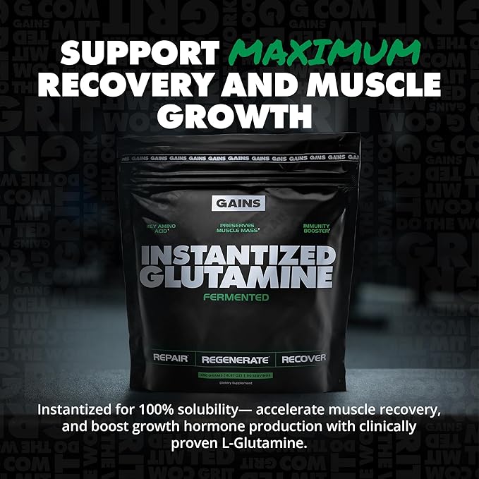 Gains in Bulk L-Glutamine Gluten Free Glutamine Powder for Muscle Recovery and Growth Post Workout Support Amino Acid Supplement Promotes Protein Synthesis Non GMO Unflavored 90 Servings