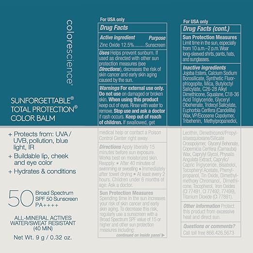 Colorescience Sunforgettable Total Protection Color Balm SPF 50 Mineral Broad Spectrum Buildable Lip &amp Cheek Color