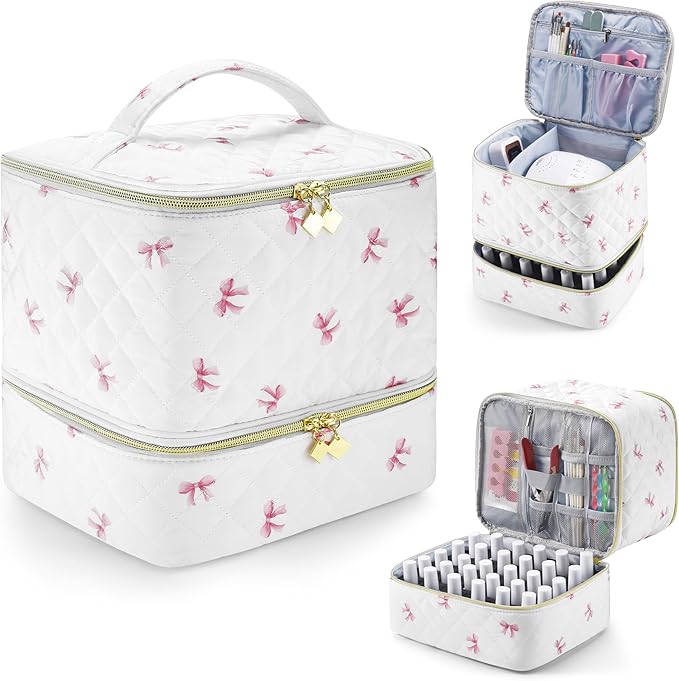 PU Leather Nail Polish Organizer and Nail Lamp Case Nail Kit Organizer Holds 30+ Bottles (15ml - 0.5 fl.oz) and a Nail Lamp Nail Polish Carrying Case with Manicure Tools Storage Sections (Pink Bow)