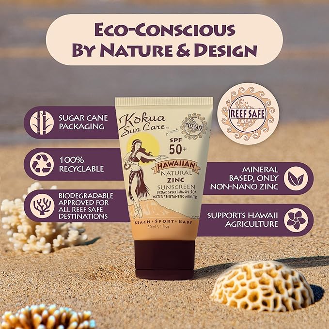 Kokua Sun Care Hawaiian Reef Safe Sunscreen SPF 50 | 1 oz - 3 Pack | Zinc Oxide | Mineral Sunscreen | Face &amp Body | Moisturizing Sun Protection | Water Resistant | Chemical Free | Natural Ingredie