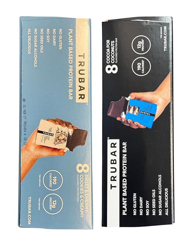 TRUBAR Based Protein Bars 8 Sweet &amp Dreamy Cookies &amp Cream 8 Cocoa for Coconuts 12g Protein 190 Calories 16 counts Count (1 Pack)