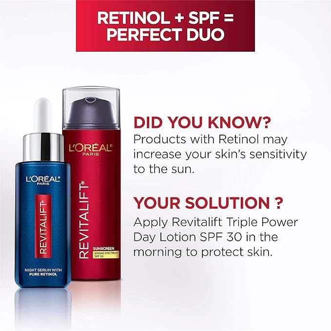 L'Oreal Paris Revitalift Triple Power Anti-Aging Broad Spectrum SPF 30 Sunscreen Pro Retinol Hyaluronic Acid &amp Vitamin C Lotion Reduces Wrinkles 1.7 Oz