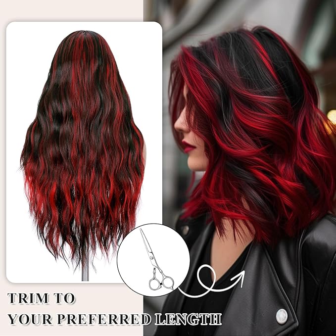FAVE Red and Black Wig Long Synthetic Red Wig Natural Wavy Wig for Black Women Dark Red Wig for Daily Part Use 28IN(Red Highlight)