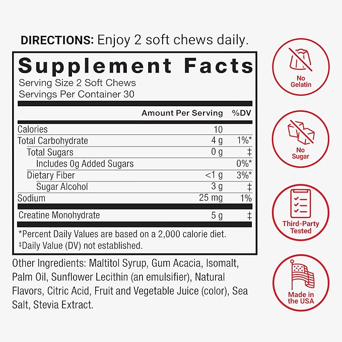 FORCE FACTOR Legendary Creatine Chews 5g Creatine Monohydrate Build Muscle Improve Strength &amp Recovery Support Memory &amp Cognitive Function Sugar Free Berry Blast 60 Soft Chews
