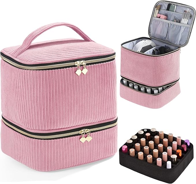 Corduroy Nail Polish Organizer and Nail Lamp Case Nail Kit Organizer Holds 30 Bottles (15ml - 0.5 fl.oz) and a Nail Lamp Nail Polish Carrying Case with Manicure Tools Storage Sections (Pink)