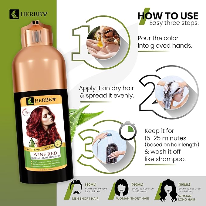 HERBBY Hair Color Shampoo for Gray Hair Coverage&ampColor Transform with 9 Herbal Extracts ?Long Lasting(6-8 Weeks)ShinyEvenly ColoredInstant Hair Dye Shampoo&ampConditioner 500 Ml (WINE RED COL