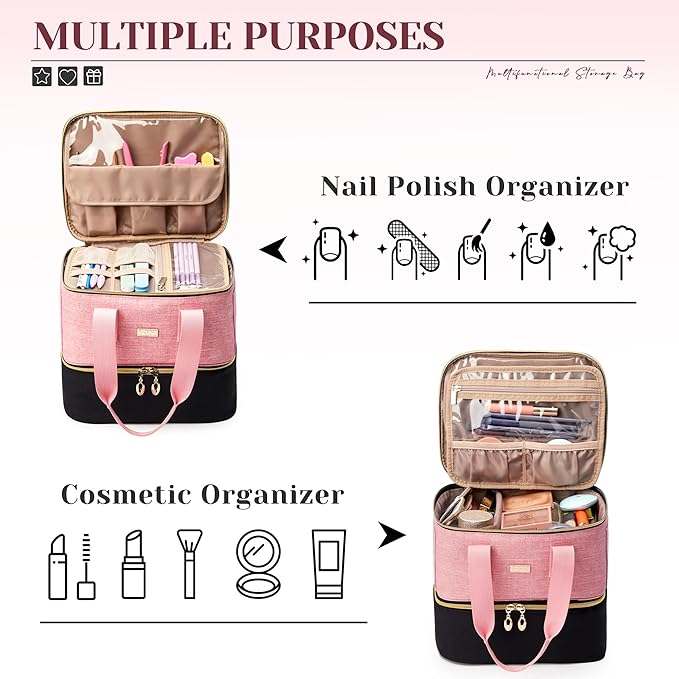 Nail Polish Organizer Double Layer Nail Organizer and Storage Box Holds 42 Bottles &amp Nail Tech Kit Supplies Large Capacity Nail Polish Organizer Case Carrying Bag
