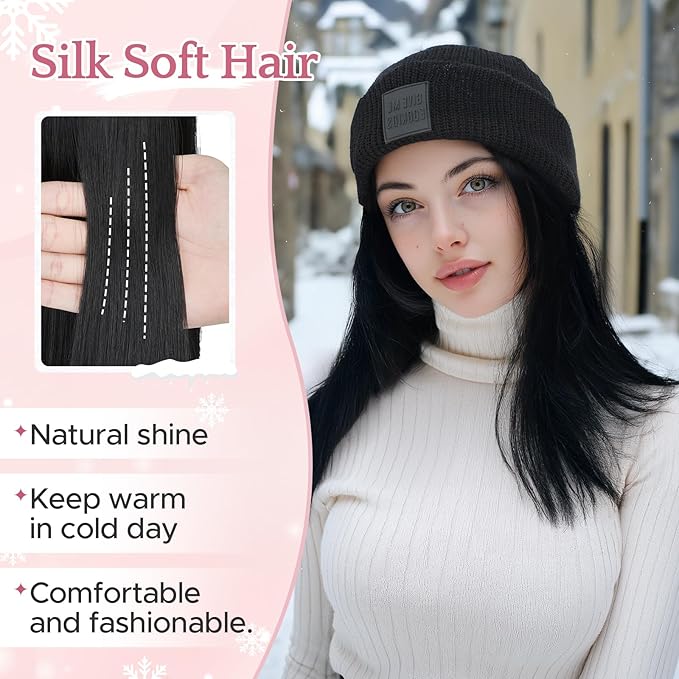 SEGO Beanie Wig for Women Hat with Hair Extentions Synthetic 11 Inch Straight Hairpiece Winter Warm Knitted Hat with Hair Attached for Women Girls 018