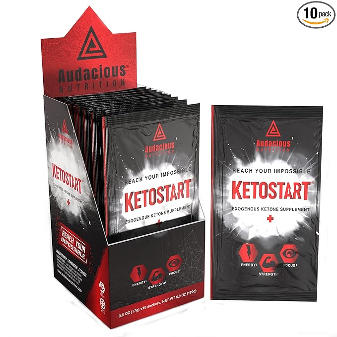KetoStart+ | Exogenous Ketones Powder with Electrolytes for Energy Strength &amp Focus | with Caffeine | Raspberry Lemonade Flavor Electrolyte Powder (10x Ketones Drink Mix Packets)