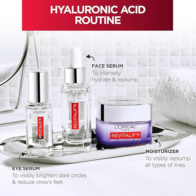 L'Oreal Paris Revitalift Moisturizer Hyaluronic Acid Water Cream with Ceramides Deeply Hydrating Fragrance Free 1.7 oz + Serum Sample