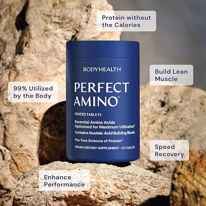 BodyHealth PerfectAmino Easy to Swallow Tablets Essential Amino Acids Supplement with BCAAs Vegan Protein for Pre/Post Workout &amp Muscle Recovery with Lysine Tryptophan Leucine (36 Servings)