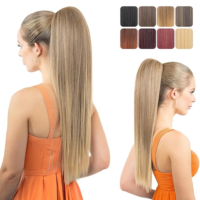 Ponytail Extension 24 Long Straight Claw Clip Ponytail Extension clip on ponytails hair clip Hair claw clip Fake Ponytail Hairpieces for Women - Pecan Blonde