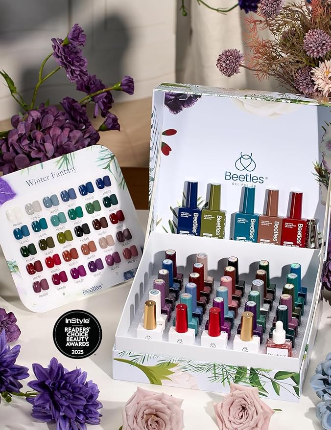 Beetles Winter Gel Polish Set - Winter Fantasy Collection 35PCS HEMA-Free 10ml Soak Off UV LED Gel Nail Kit Berry Red Caramel Colors with Base Top Coat &amp Cuticle Oil Christmas Gift