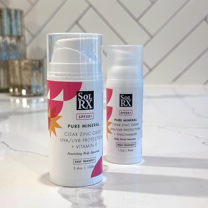 SolRX Pure Mineral SPF 50+ Sunscreen - 3.4oz Zinc Oxide Sunscreen with Vitamin E Reef Safe Daily Use for Face and Body