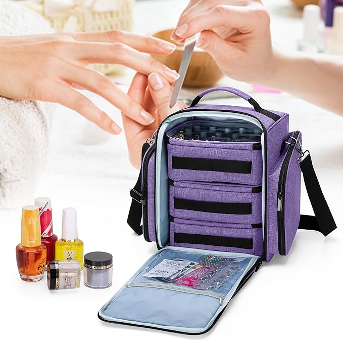 BAFASO Nail Polish Organizer Holds 72 Bottles (15ml - 0.5 fl.oz) Large Nail Polish Case with 3 Removable Pouches and Multiple Storage Sections (Patented Design) Purple