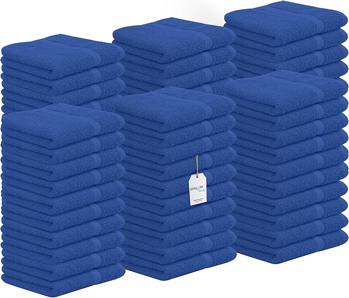 Avalon Towels Cotton Washcloths ? (Pack of 60) Size 12x12 Inches 100% Ring Spun Cotton Soft &amp Absorbent Face Towels Gym Towels Hotel and Spa Quality Reusable Fingertip Towels (Blue)