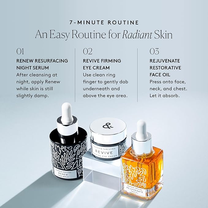 Naked &amp Thriving Restorative Night Routine | Renew Night Serum (30 mL) + Revive Eye Cream (15 mL) + Rejuvenate Face Oil (35 mL) with Peptides Squalane Hyaluronic Acid and Fruit AHAs (Set of 3)