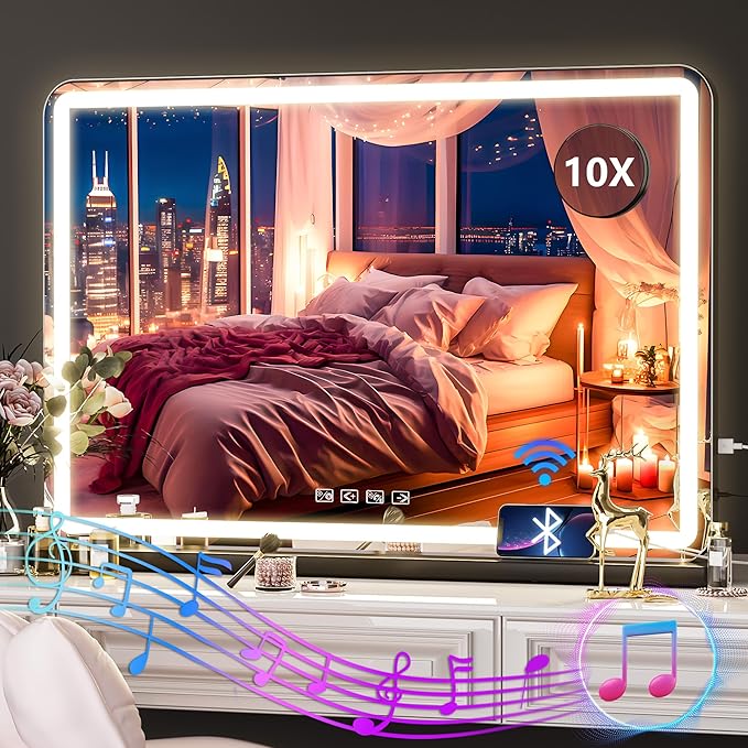 Hasipu Vanity Mirror with Lights and Bluetooth Speaker 32 x 21.7 LED Makeup Mirror Lighted Makeup Mirror with Dimmable 3 Modes USB Charging Port Round Black
