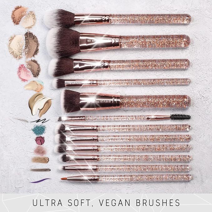 Nir? Beauty 15piece Award Winning Glitter Makeup Brushes: Cute Makeup Brushes Set with Case Beauty Blender Cleaner Guide Gift Box