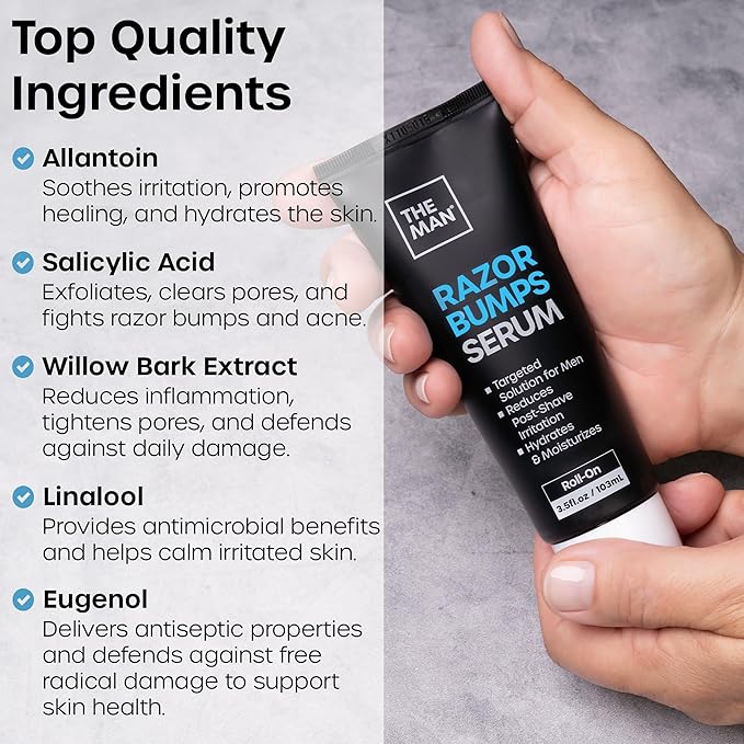 The Man Razor Bumps Serum - Ingrown Hair Treatment for Men - Razor Bump Treatment for Men - Face &amp Body After Shave &amp Razor Burn Treatment - Metal Roll On Soothes Skin &amp Calms Irritation (