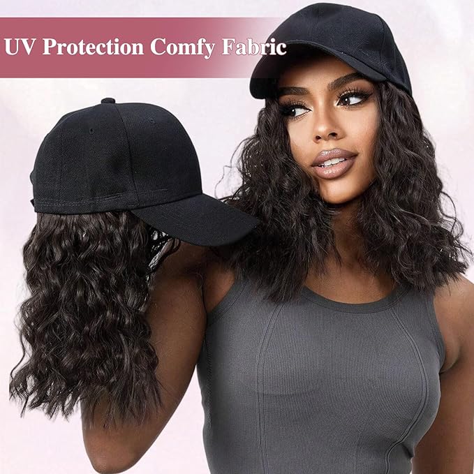 HANYUDIE Hat Wig for Women Wig Cap with Curly Hair Extensions Hat with Hair Wave Adjustable Baseball Cap Wigs