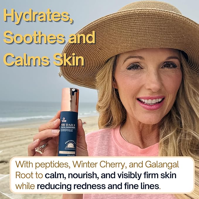SRILabs Daily Facial Sunscreen - SPF 40 - Anti-Aging with Lipochroman &amp Peptides - Transparent Zinc Oxide - Universal tint &amp Weightless - 1.7 OZ