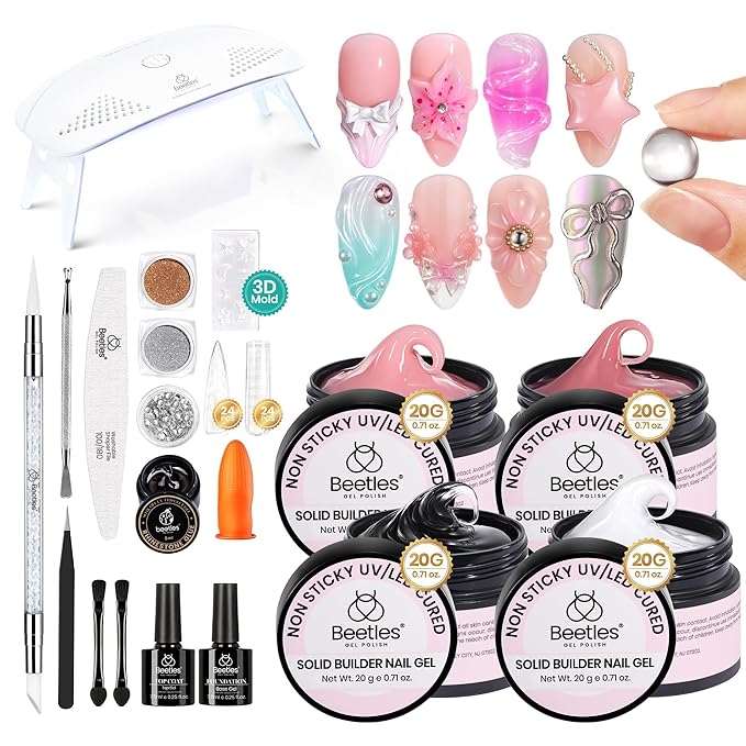 Beetles Solid Builder Gel for Nails4 Colors Clear Pink White 3D Sculpting Gel Non-Sticky Hand Carving Nail Glue for 3D Nail Art with 3D Mold Chrome Powder Tools Salon DIY at HomeUV&ampLED Needed