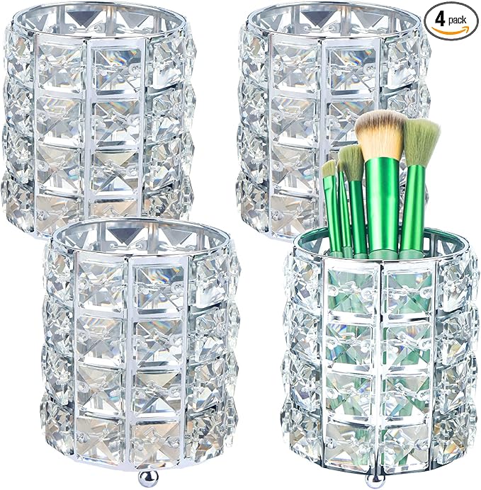 LUEXBOX 4 PCS Crystal Makeup Brush Holder Bling Makeup Tools Organizer Round Cosmetics Brush Storage Container for Table Dresser Bathroom Bedroom Organization (Silver)